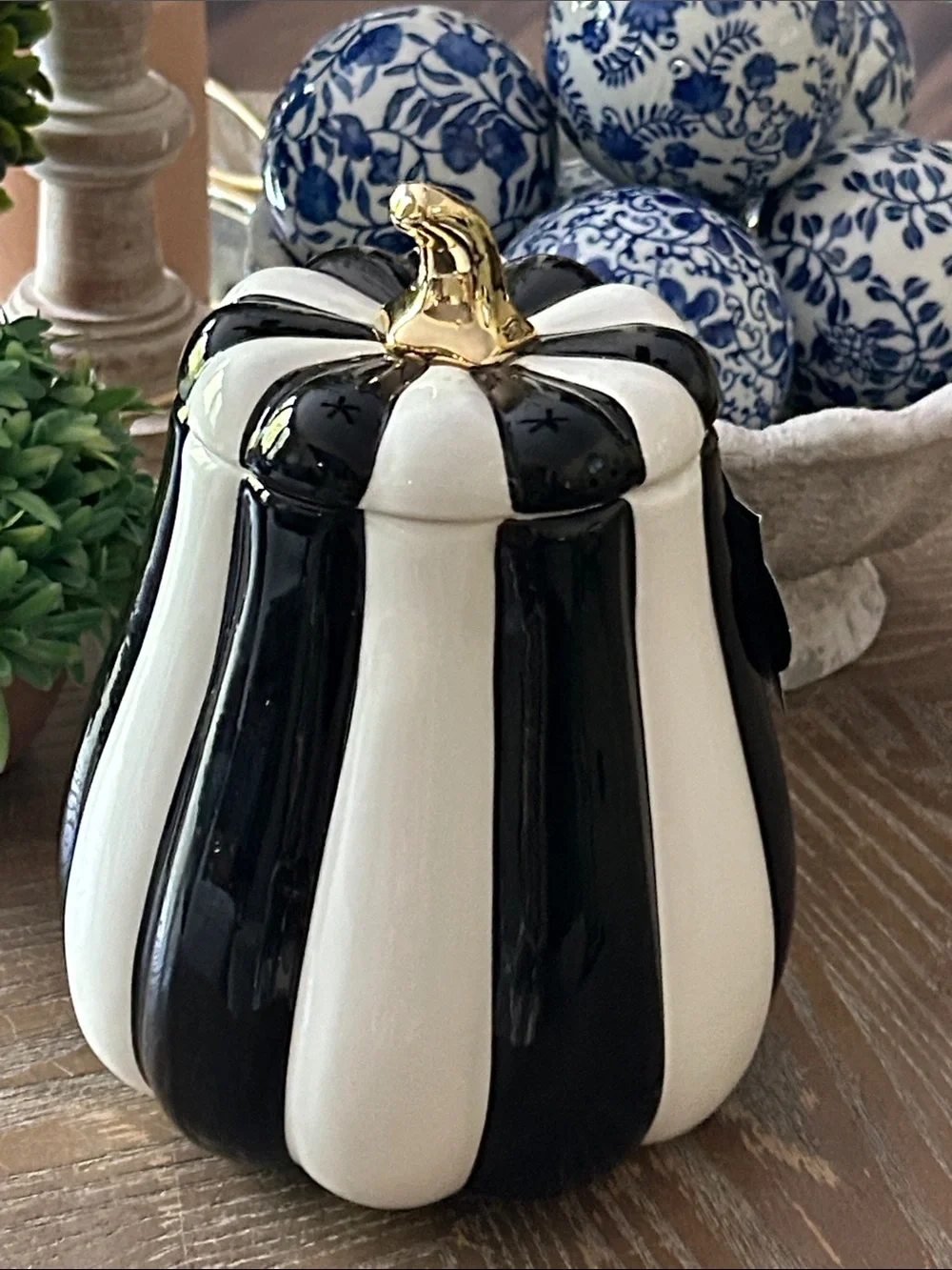NEW! Mackenzie Childs Inspired Black & White Striped Ceramic Pumpkin Canister